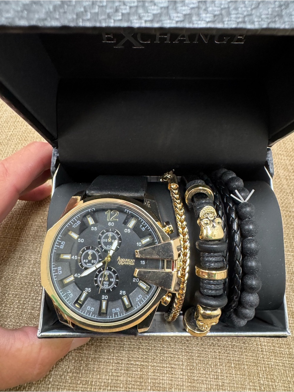 American Exchange Men's 5-Piece Watch & Bracelet Set Black/Gold Skull